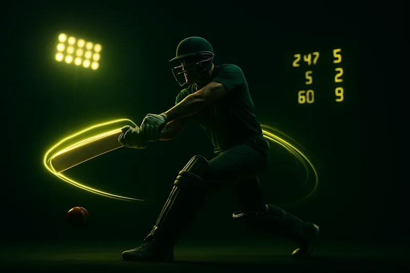 Cricket athlete in motion with neon trail and stadium lights
