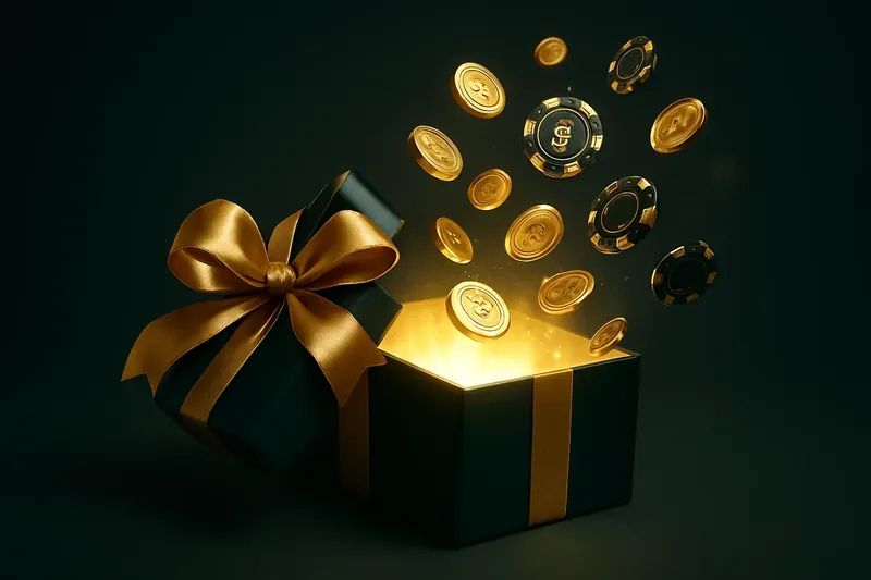 Premium gift box opening with coins, chips, and golden light