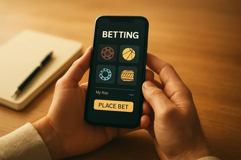 Man's hands using phone with betting app on desk