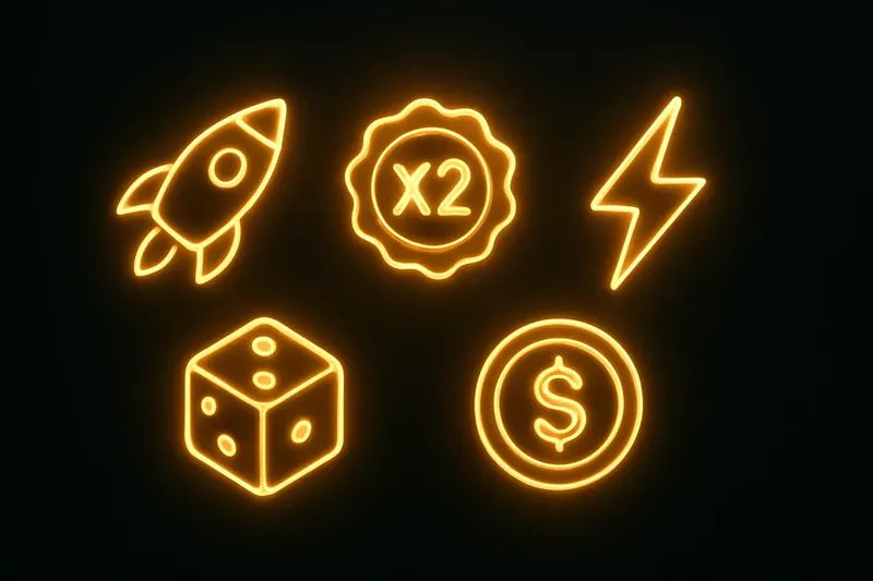 Glowing instant game icons with rocket, dice, coin, and lightning
