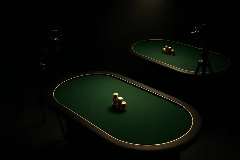 Overhead live casino studio with dealer tables, cameras, green felt